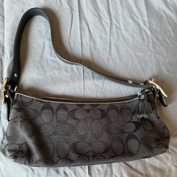 Coach Signature C Demi Shoulder Bag – Black Leather Trim Vintage Y2K Purse - Picture 1 of 4